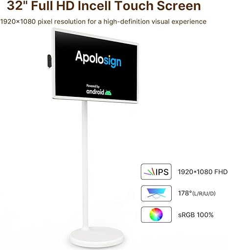 ApoloSign - 32" Portable Smart Screen, Rotatable Monitor with Incell Touch Screen, Android OS, Built-in Battery